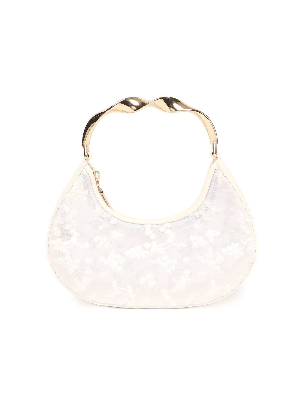 Floral-embroidered mesh handbag with knotted handles