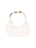 Floral-embroidered mesh handbag with knotted handles