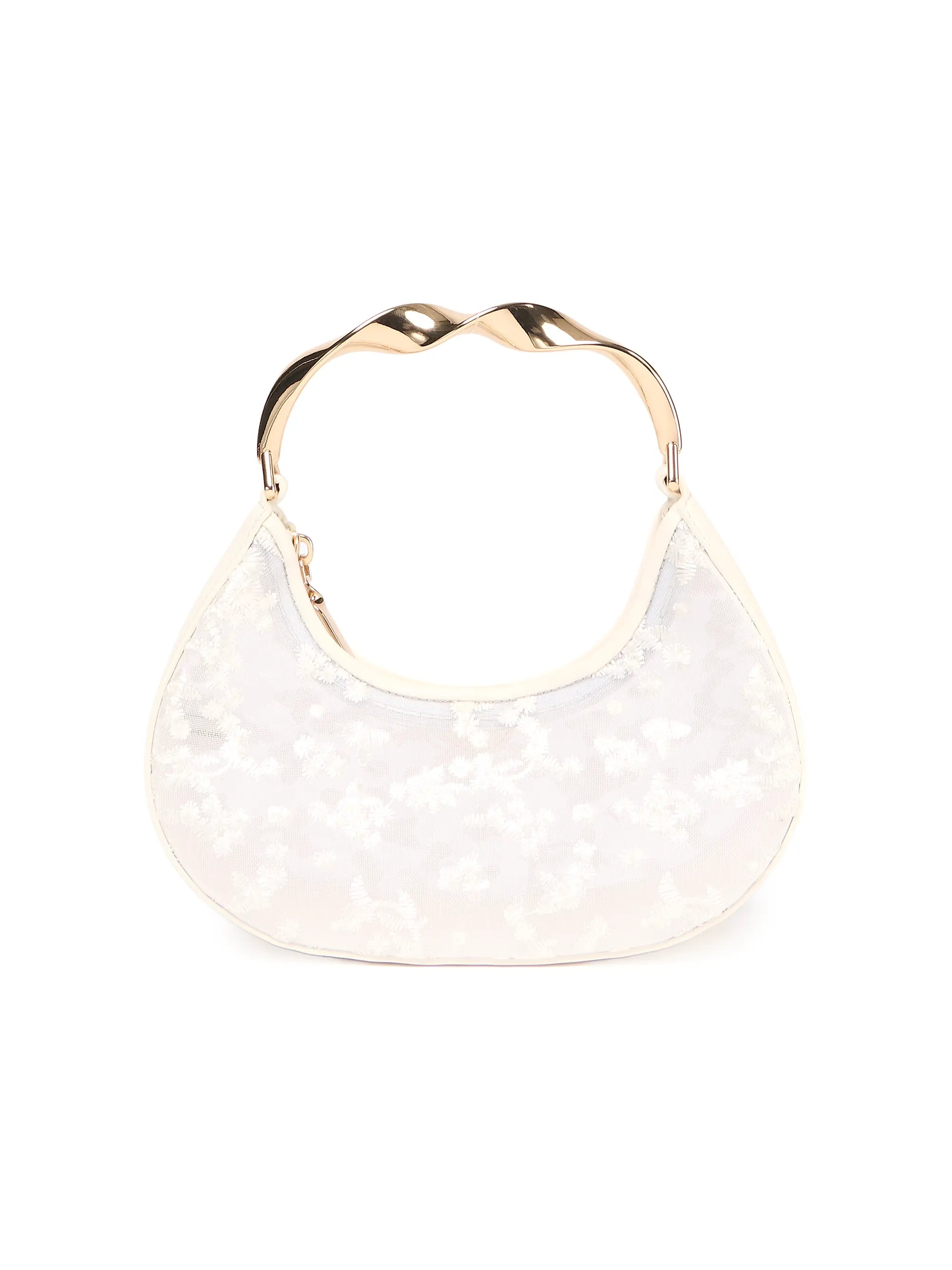 Floral-embroidered mesh handbag with knotted handles