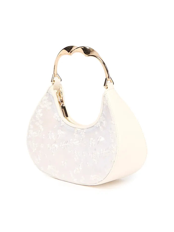 Floral-embroidered mesh handbag with knotted handles