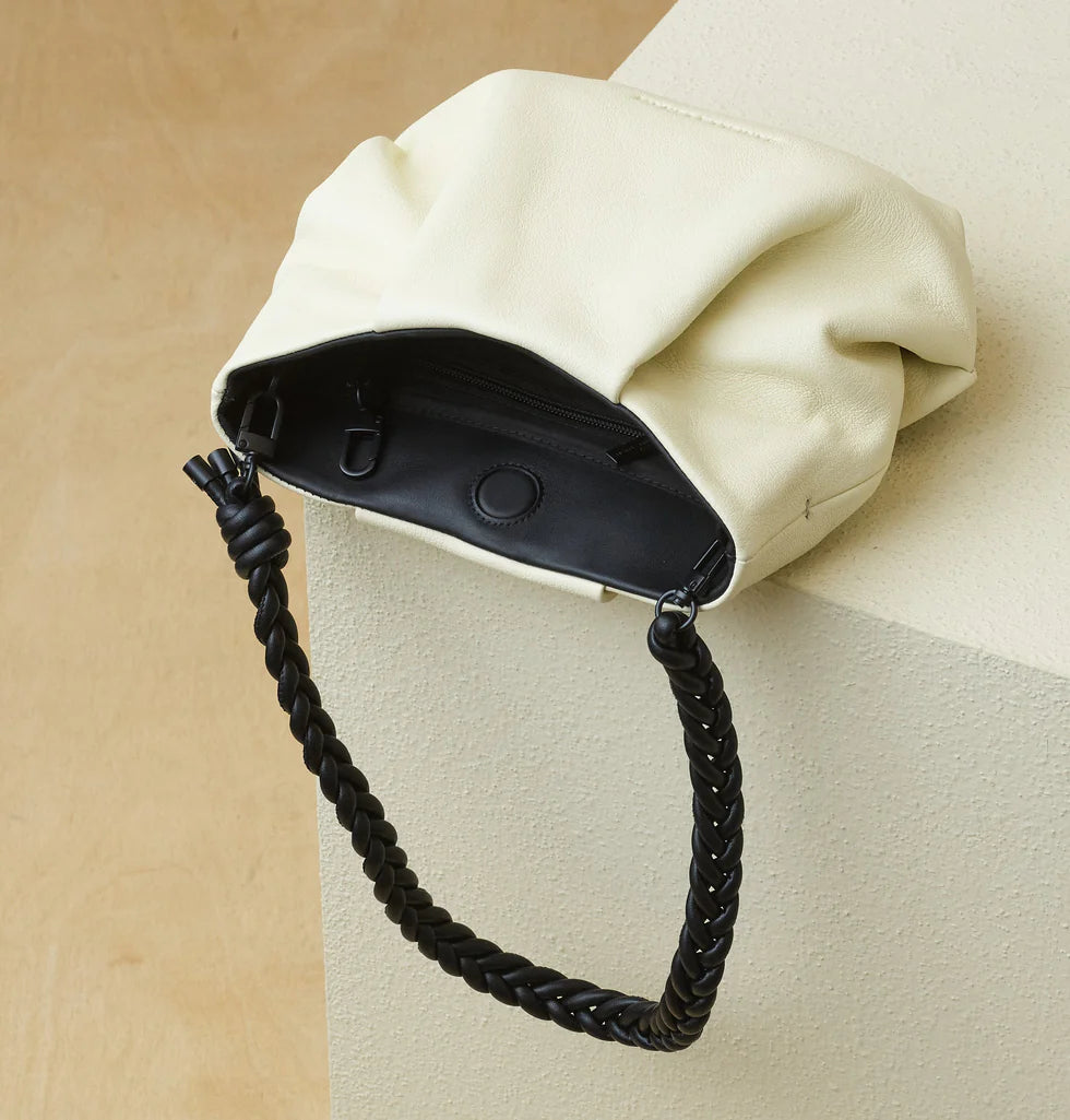 Soft Ruched Leather Shoulder Bag with Braided Strap