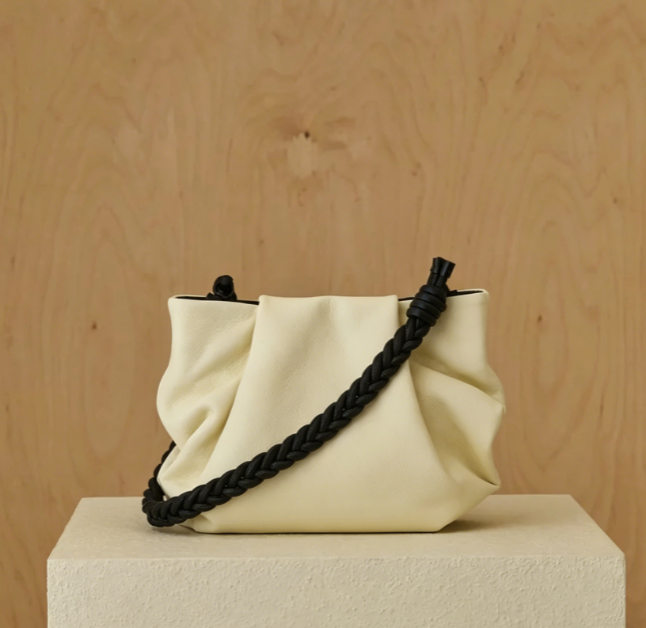 Soft Ruched Leather Shoulder Bag with Braided Strap