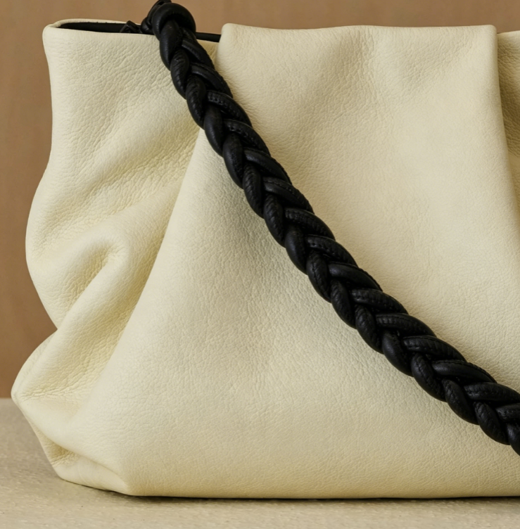 Soft Ruched Leather Shoulder Bag with Braided Strap