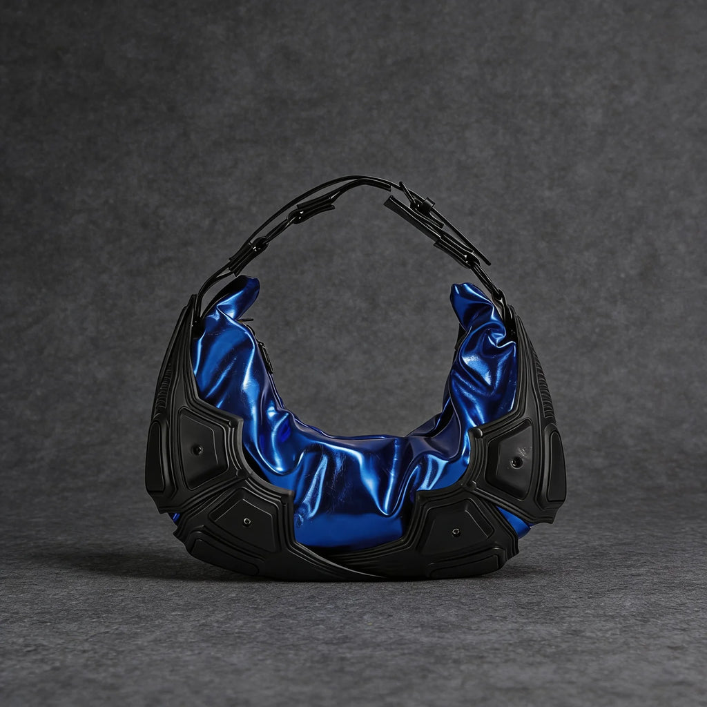 Futuristic Metallic Blue Ruched Hobo Shoulder Bag