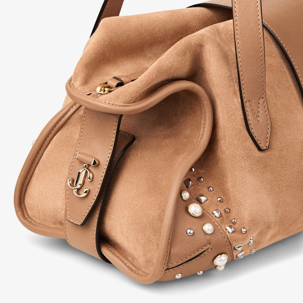 Suede Pearl & Stud Embellished Shoulder Tote Bag