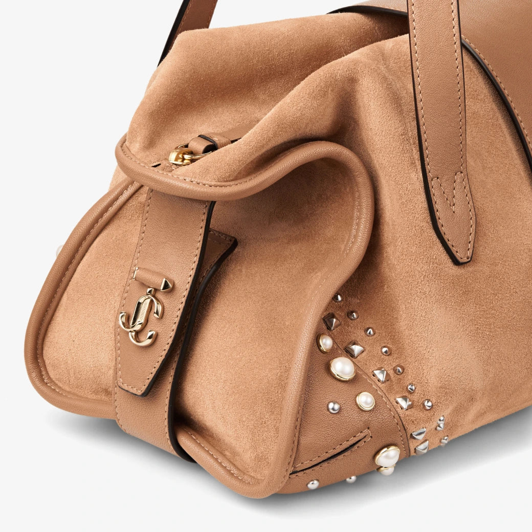 Suede Pearl & Stud Embellished Shoulder Tote Bag