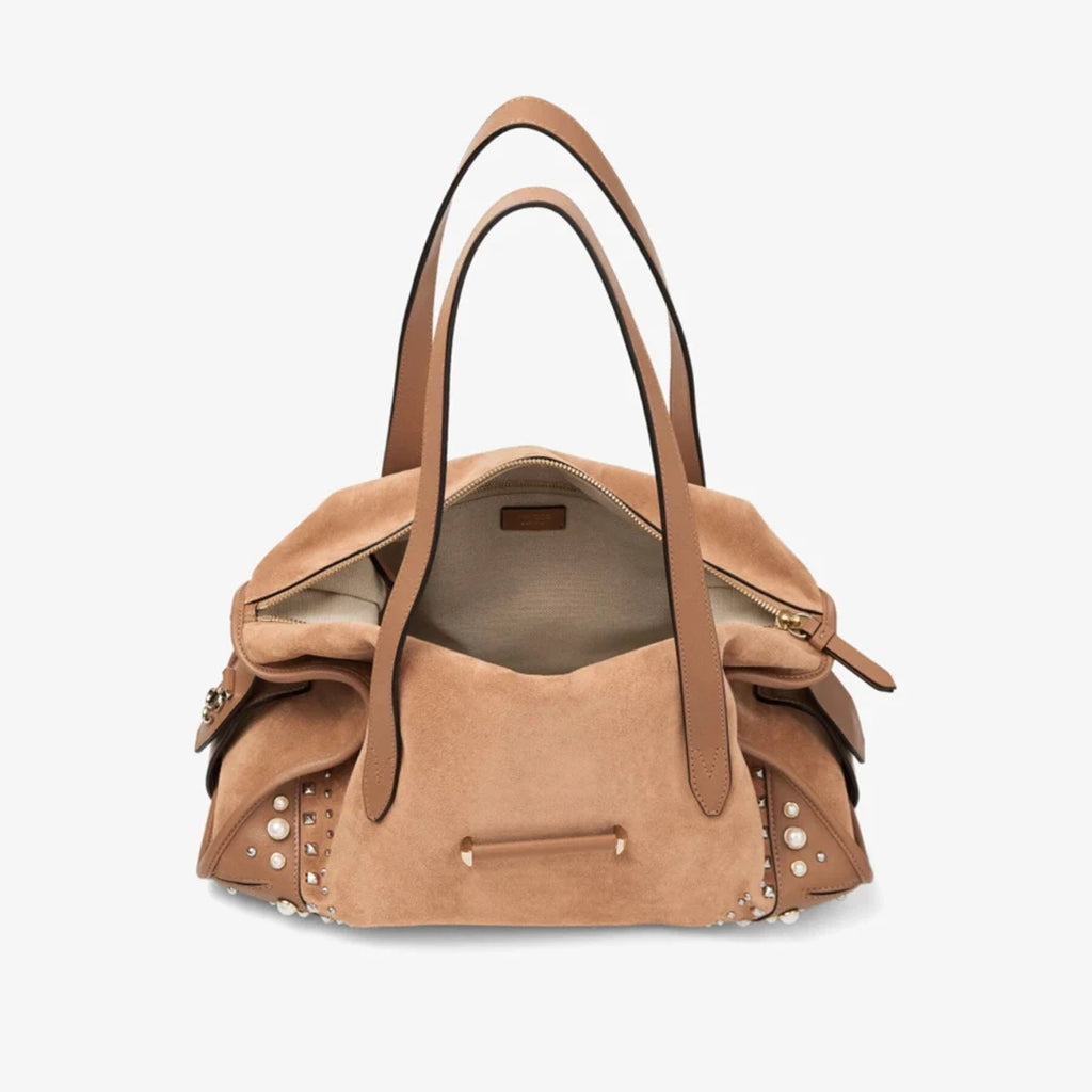 Suede Pearl & Stud Embellished Shoulder Tote Bag