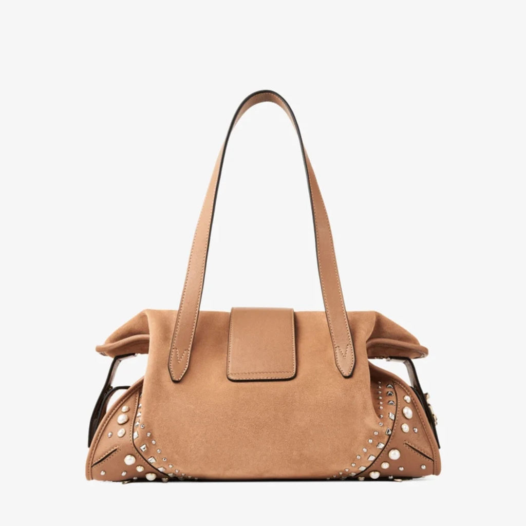Suede Pearl & Stud Embellished Shoulder Tote Bag