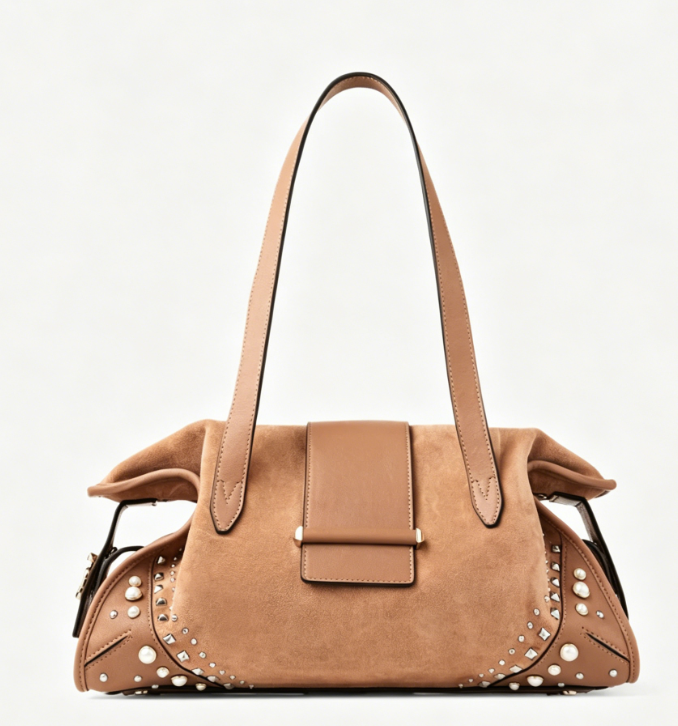 Suede Pearl & Stud Embellished Shoulder Tote Bag