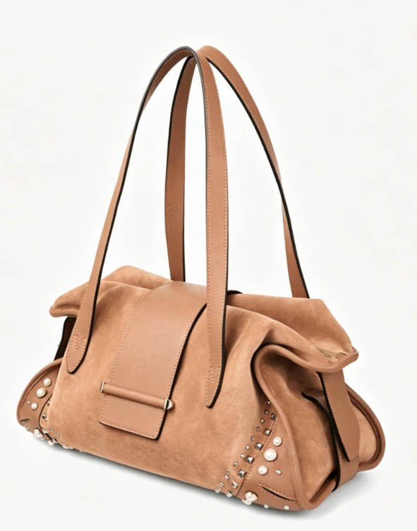 Suede Pearl & Stud Embellished Shoulder Tote Bag