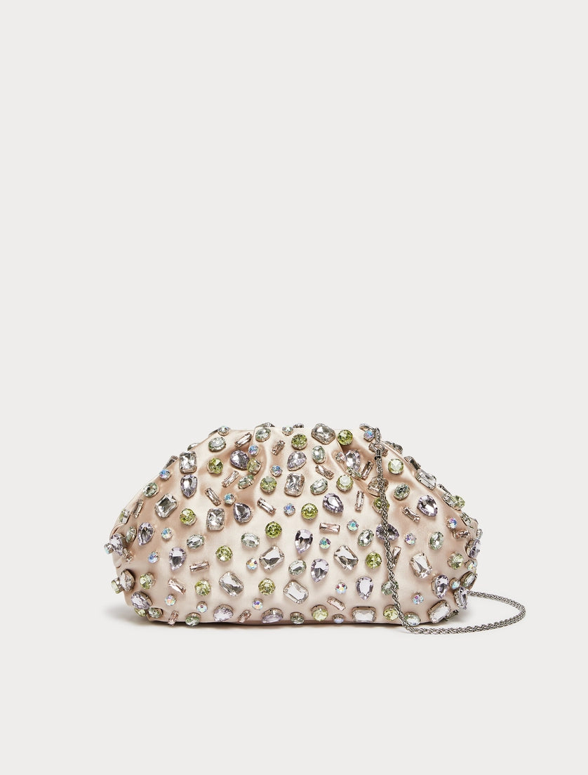 Pastel Satin Crystal Ruched Clutch Bag