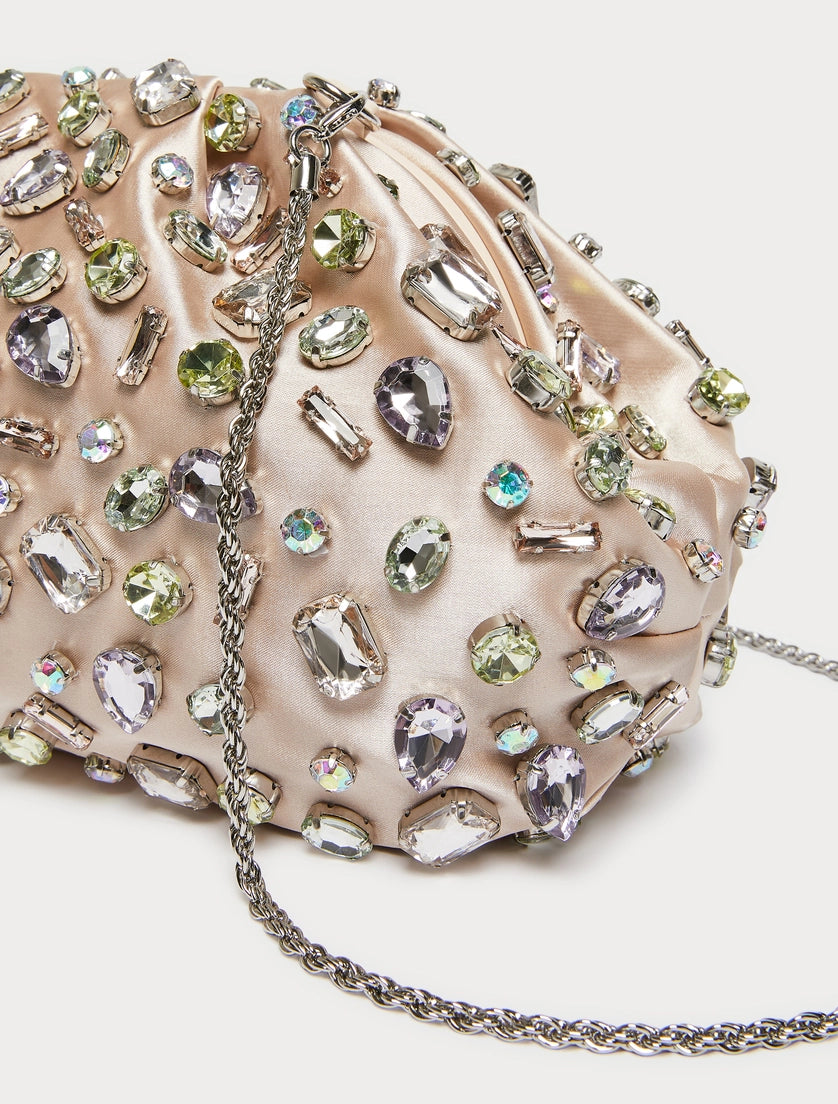 Pastel Satin Crystal Ruched Clutch Bag