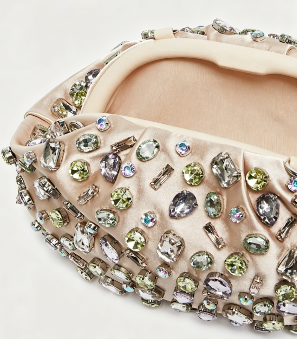 Pastel Satin Crystal Ruched Clutch Bag
