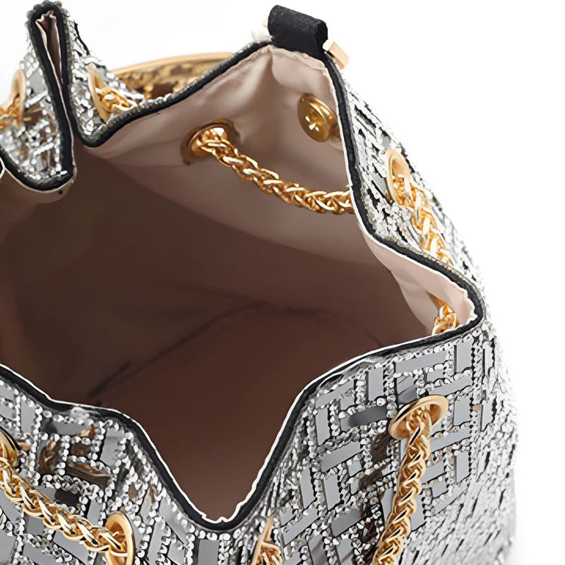 Sequin-embellished patchwork shoulder bag with chain strap