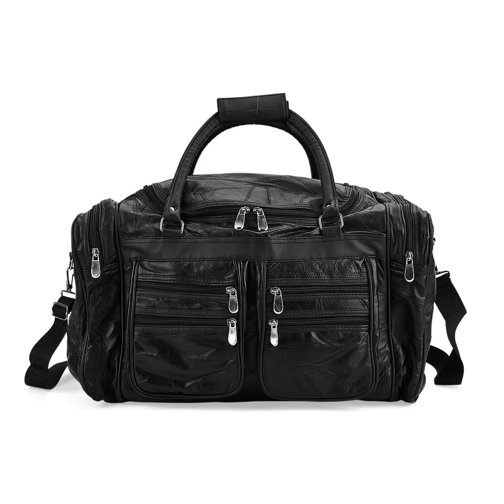 Black leather-panelled travel bag (with detachable shoulder strap)