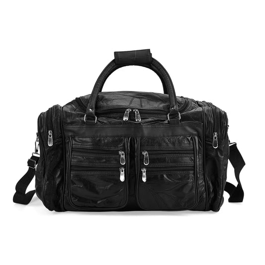 Black leather-panelled travel bag (with detachable shoulder strap)