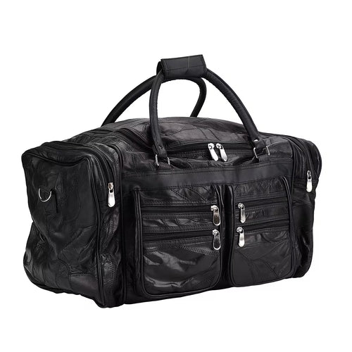 Black leather-panelled travel bag (with detachable shoulder strap)