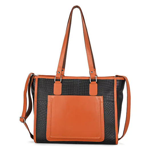 Black and Brown Color-Block Leather Tote Bag (with Front Pocket)