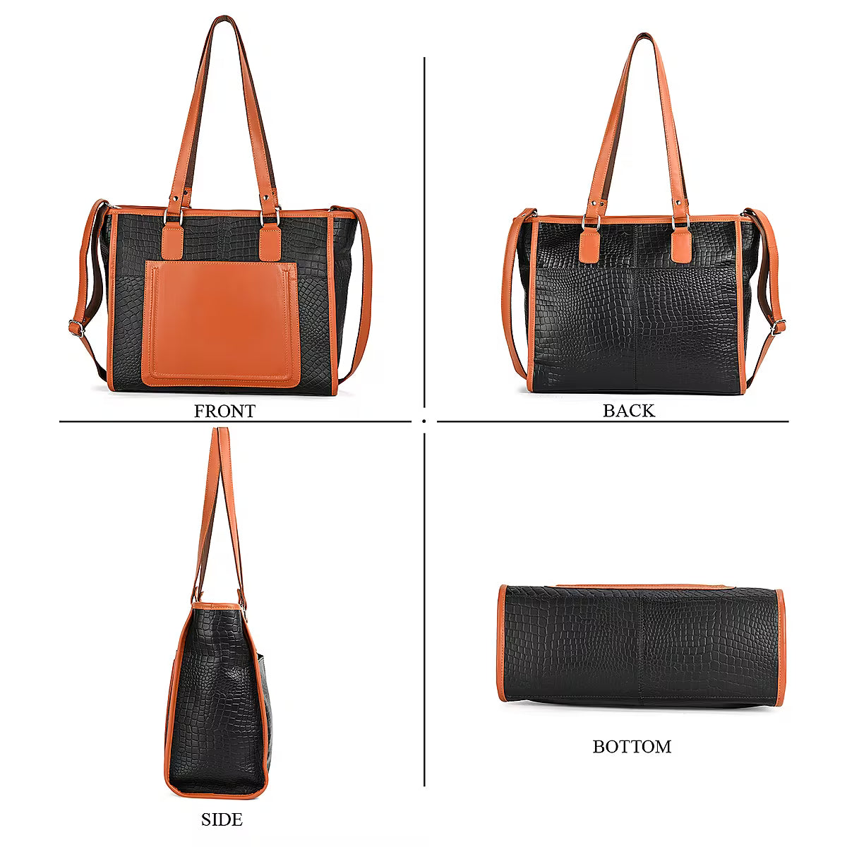 Black and Brown Color-Block Leather Tote Bag (with Front Pocket)