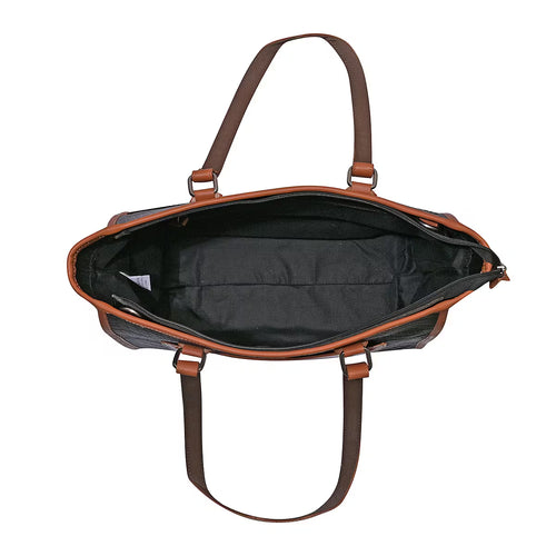 Black and Brown Color-Block Leather Tote Bag (with Front Pocket)