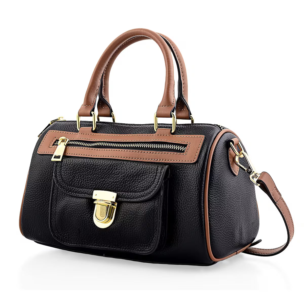 Black genuine leather crossbody bag (with shoulder strap)