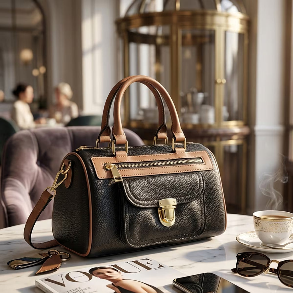 Black genuine leather crossbody bag (with shoulder strap)