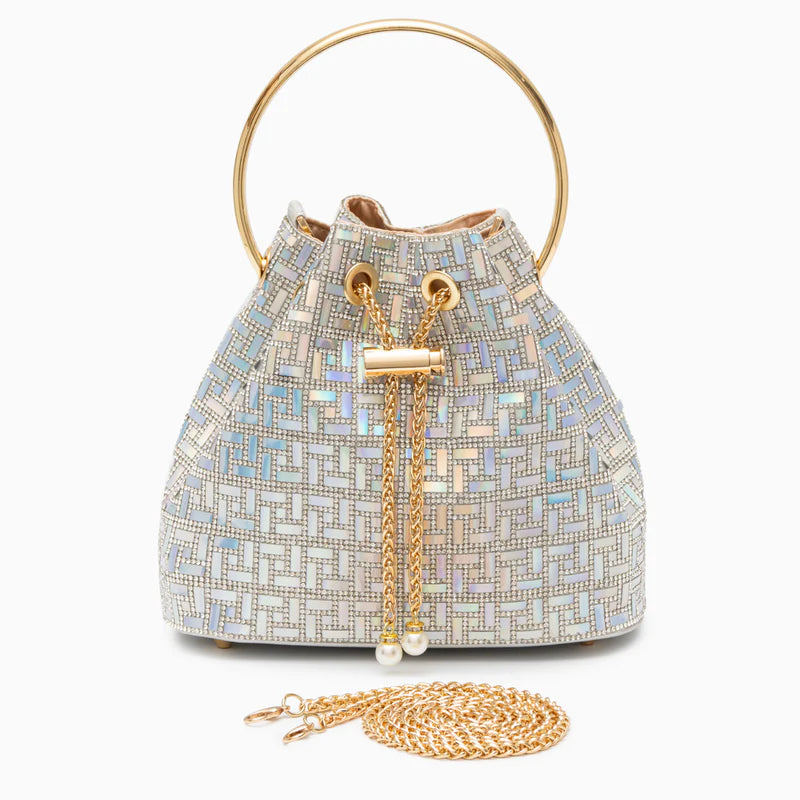Sequin-embellished patchwork shoulder bag with chain strap