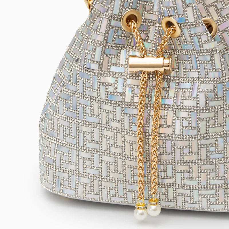 Sequin-embellished patchwork shoulder bag with chain strap