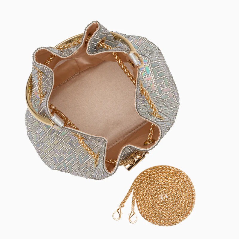 Sequin-embellished patchwork shoulder bag with chain strap