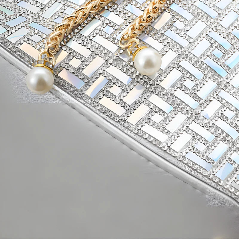 Sequin-embellished patchwork shoulder bag with chain strap