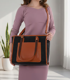 Black and Brown Color-Block Leather Tote Bag (with Front Pocket)
