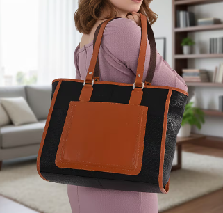 Black and Brown Color-Block Leather Tote Bag (with Front Pocket)